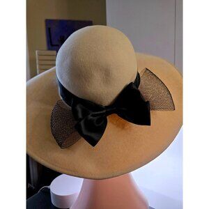 Vintage Shibui Ivory Color Wide Brim Felt Derby Hat with Black Satin & Net Bow
